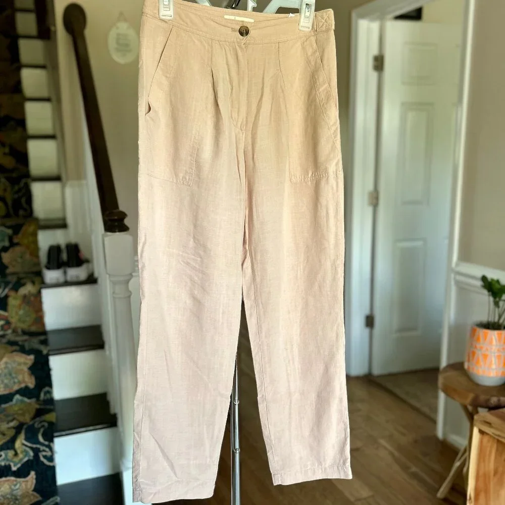 Per Una Linen Lyocell Blend Pleated Apricot Relaxed Pants Pockets Size 4 (US) - Picture 2 of 11